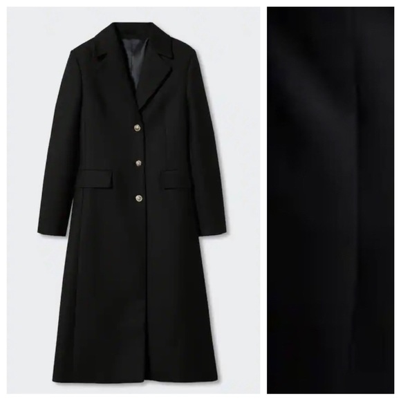NWT. Mango Black Cotton Blend Long Coat with Decorative Buttons. Size S. - Picture 5 of 9